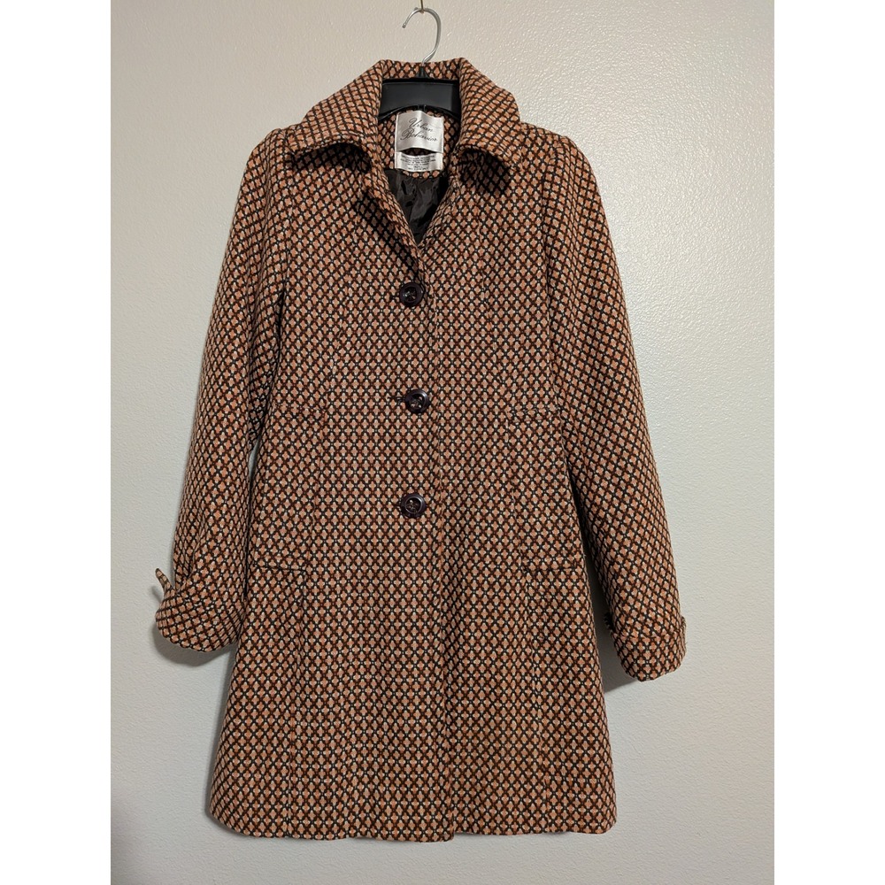 Urban Behavior Womens Wool Blend Geometric Diamond Pattern Pea Coat Orange Small